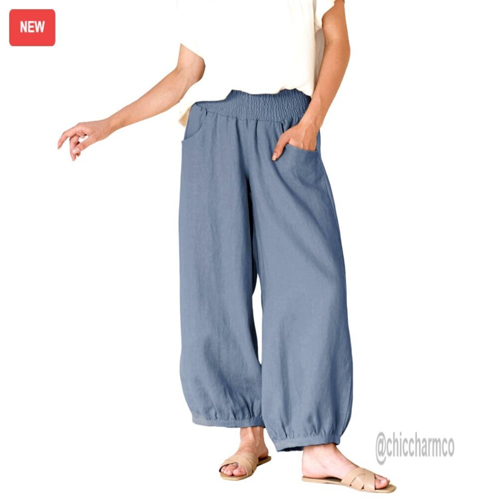 Wide Leg Lounge Pants Cotton Linen Elastic Waist Pockets Casual